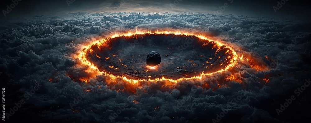 Poster asteroid impact idea. a dramatic cosmic scene depicting a fiery ring around a dark planet in space.