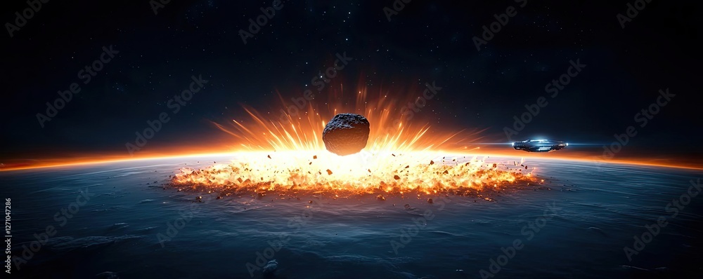Aufkleber asteroid impact idea. a dramatic view of a celestial body colliding with earth, creating fiery explo
