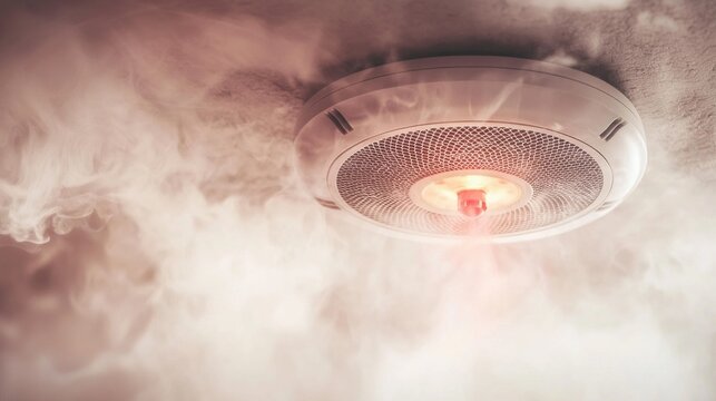 Bright red light signals urgency as smoke fills the air, prompting the fire alarm to alert occupants of potential danger. Immediate action is required for safety