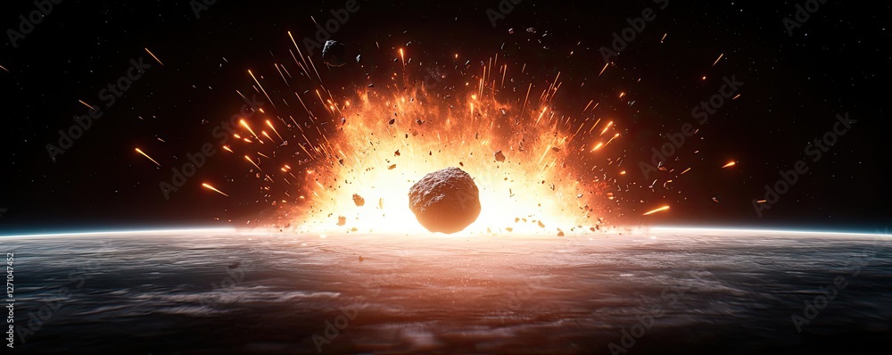 Poster Asteroid impact idea. A dramatic scene of an asteroid colliding with Earth, showcasing explosive force.
