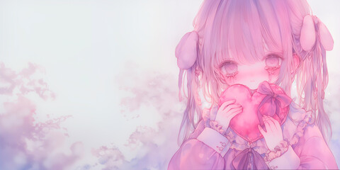 バレンタインに失恋した女性。水彩画。イラスト。挿絵。背景素材。