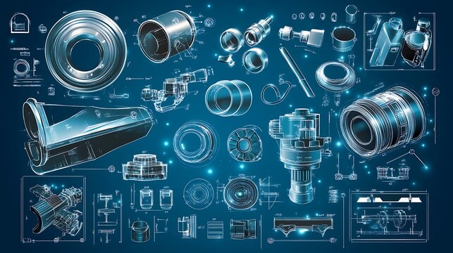 Blueprint of various industrial machine parts.