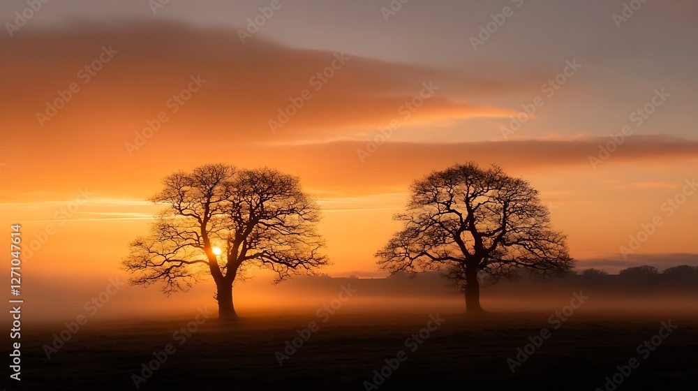 Aufkleber two majestic trees bathed in golden light during sunrise creating an enchanting landscape in misty c