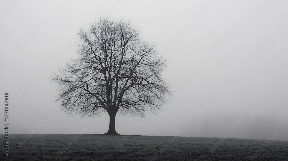 Aufkleber A solitary tree standing tall in a dense fog creating an atmosphere of mystery and solitude in nature : Generative AI
