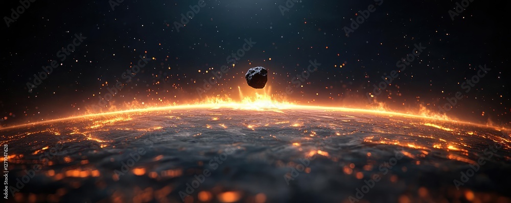 Poster asteroid impact idea. an artistic depiction of an asteroid approaching a fiery planet.