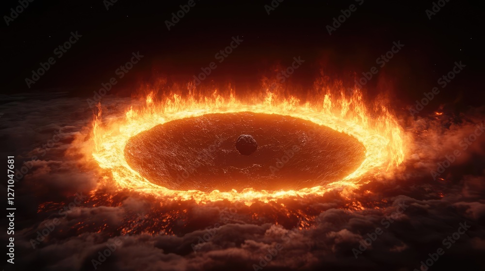 Poster asteroid impact idea. a dramatic view of a fiery ring surrounding a dark sphere in a cosmic scene.