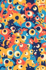 Fototapeta premium Colorful crowd of friendly monsters, whimsical background for kids design