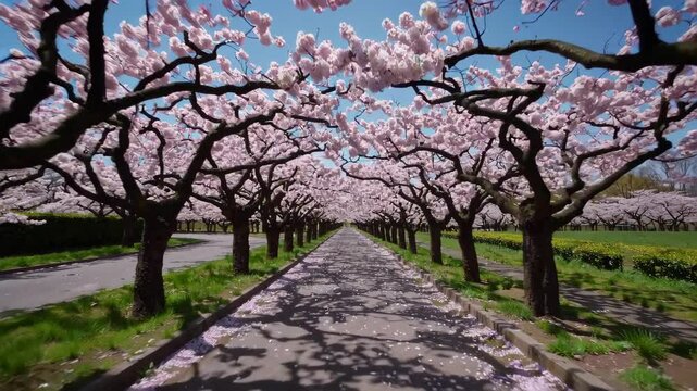 An aerial view of a fully bloomed cherry blossom row with no people.