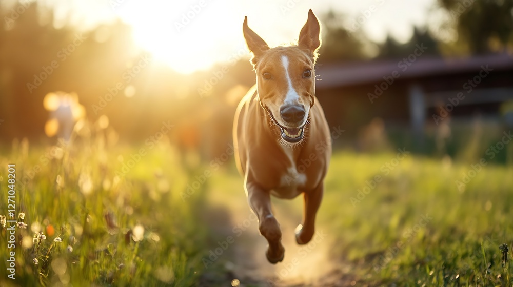 Aufkleber A happy dog running energetically through a vibrant sunlit field showcasing joy and playfulness : Generative AI
