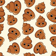 Fototapeta premium Seamless pattern with kawaii poop on white background. Cartoon poo, feces icons. Shit patterns, evil turd. Vector illustration for invitation, poster, card, fabric, textile. Doodle style.