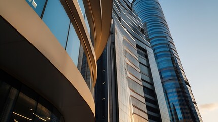 Obraz premium Stunning modern skyscraper design featuring glass and steel with reflections in the evening light : Generative AI