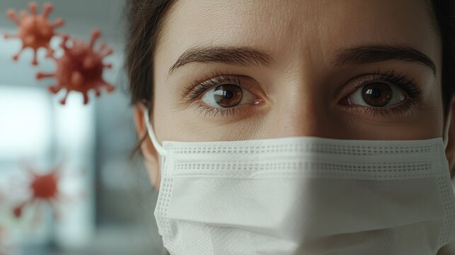 A close-up of a woman's face wearing a medical mask, her brown eyes looking directly at the camera. In the background, vibrant swirling patterns of abstract cells and cosmic elements.
