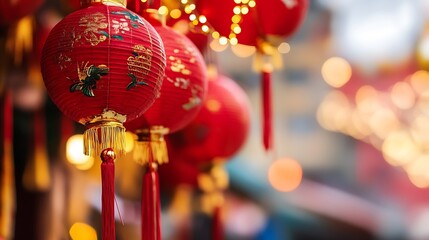 Vibrant red Chinese lanterns glowing warmly against a picturesque backdrop celebrating cultural festivities : Generative AI