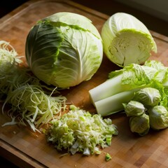Cabbage Preparation: Whole, Halved & Sliced Wood