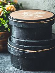 Stacked dark round boxes with twine topped with a flower design and floral background.