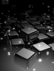 Obraz premium Monochromatic background of glossy cubes with rounded edges reflected light and subtle floating bokeh.