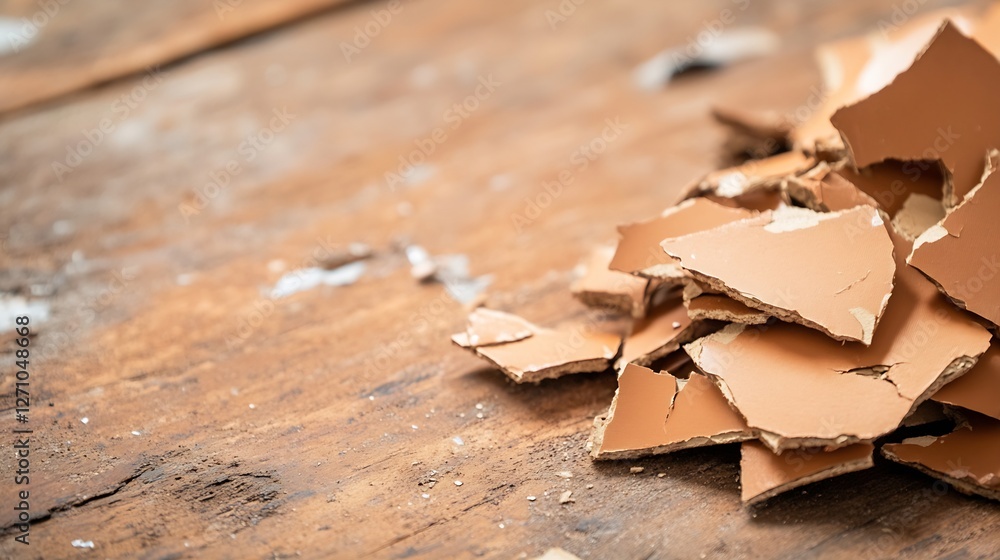 Aufkleber Scattered fragments of brown paint chips lying on a rustic wooden surface showcasing texture and color variations : Generative AI