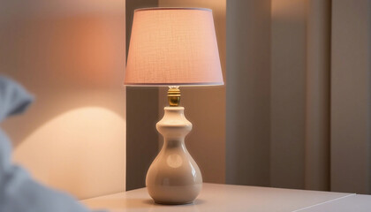A stylish table lamp with a white ceramic base and warm glow, enhancing a cozy ambiance in a peaceful indoor environment. Suitable for comfortable reading or creating a soothing atmosphere at night.

