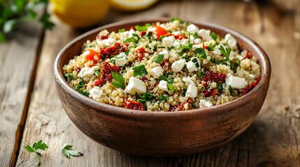 Fresh quinoa salad with feta, tomatoes, and parsley in a rustic bowl.
