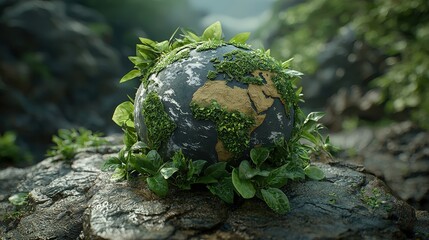 Unique globe with a green plant growing from its surface symbolizing sustainability and nature