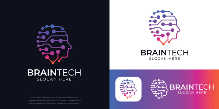 Brain tech logo design, futuristic circuit board-inspired human head profile for AI, technology, innovation, startup, neural networks, software development, and digital transformation companies.
