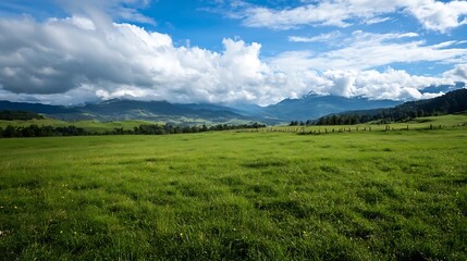 Obraz premium Breathtaking panoramic view of lush green fields with mountains under a blue sky adorned with fluffy clouds : Generative AI