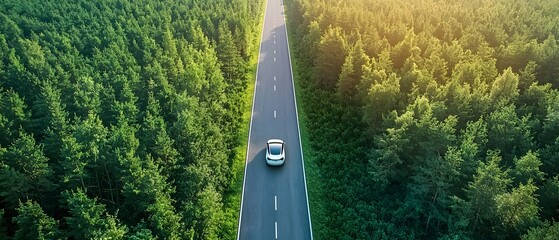 Aerial View of Eco-Friendly Electric Vehicle on Winding Road Through Endless Green Forest