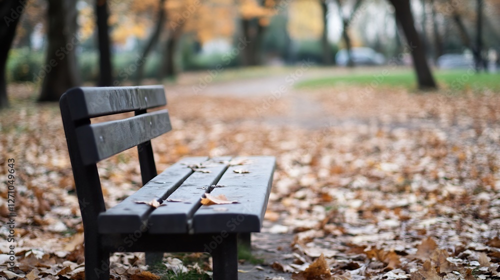 Poster empty park bench surrounded by colorful autumn leaves on a peaceful path : generative ai
