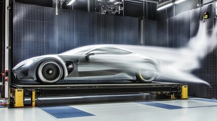 Aerodynamic Automotive Design Sports Car in Wind Tunnel Test with Flow Visualization
