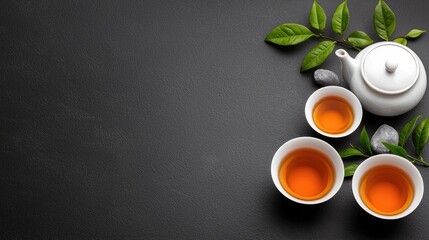 White Tea Set on Dark Surface with Leaves