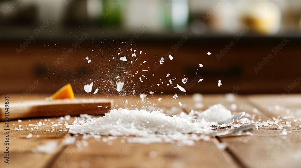 Poster close up of salt being spilled onto a wooden table with a slice of orange : generative ai