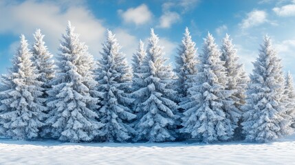 Fototapeta premium A stunning snowy landscape features a wide field blanketed in fresh white snow, with tall evergreen pine trees in the distance and a clear blue winter sky above, creating a peaceful and tranquil