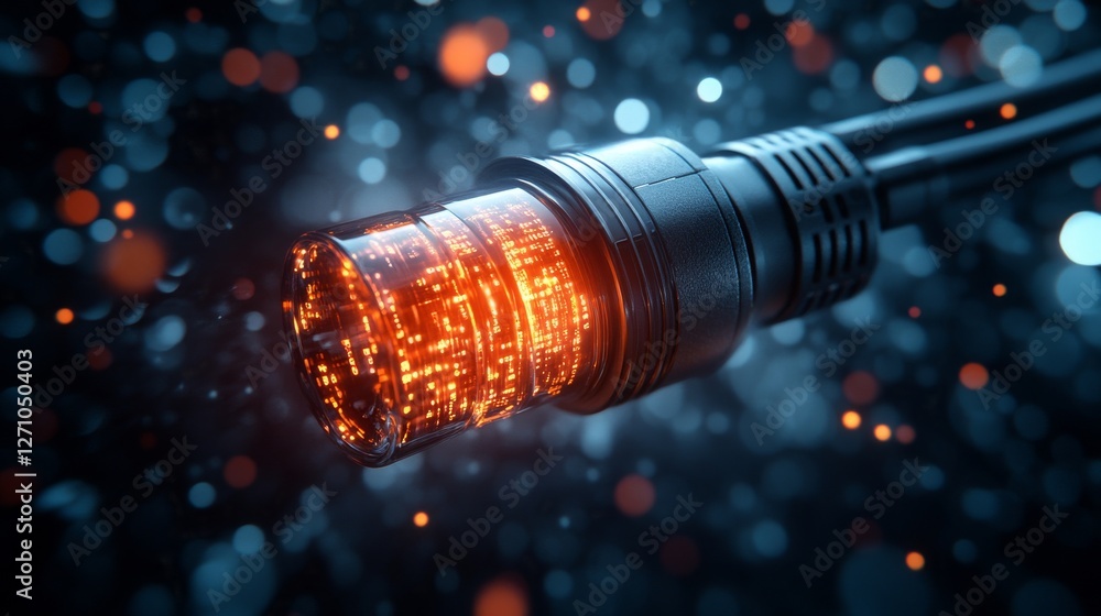 Poster a near view of bright rj45 ethernet cables against a dark digital scene, with shining data streams a