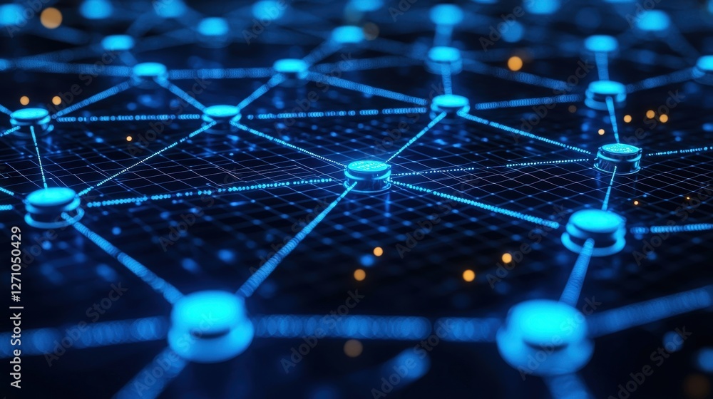 Poster vibrant blue network design with numerous dots and lines representing connectivity and data flow