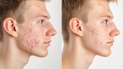 Obraz premium Young man showcasing facial transformation, side profile before and after skincare treatment, clean background with minimal distractions.