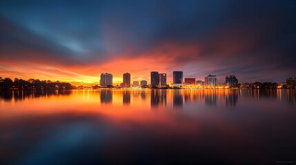 Vibrant City Skyline Reflected in Calm Water at Sunset