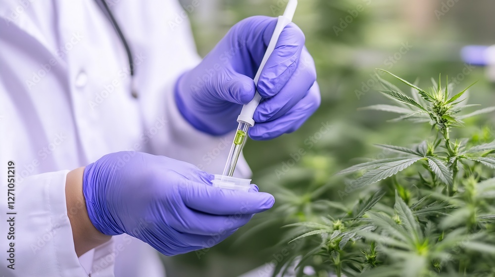 Poster Scientist in a lab using a pipette to extract oil from cannabis plants for testing : Generative AI