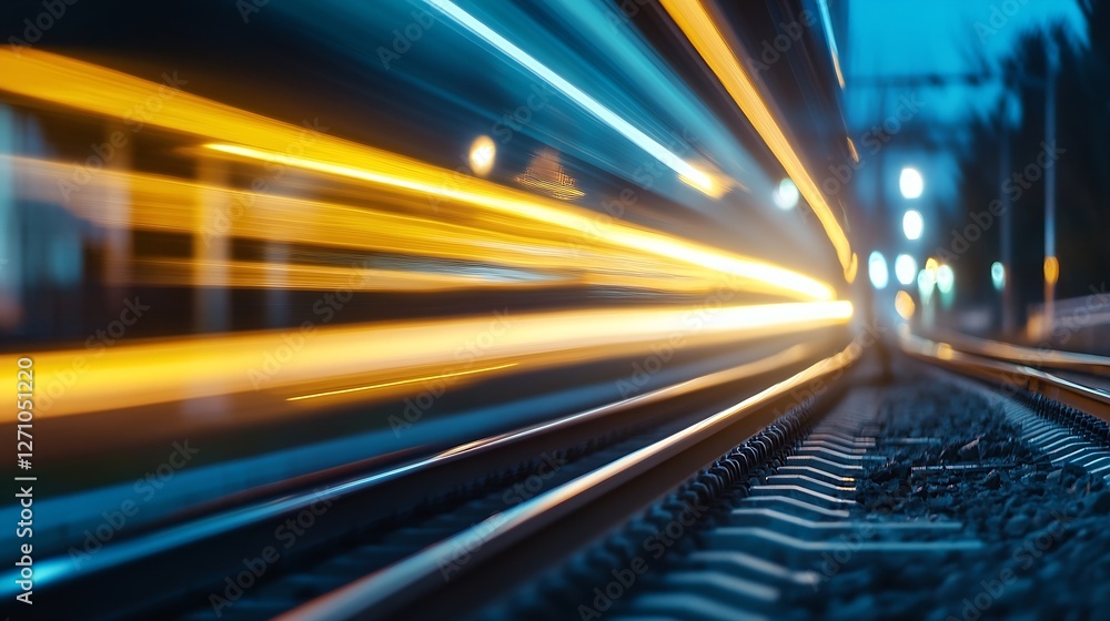 Poster Fast moving train captured in a dynamic blur of speed on urban tracks at dusk : Generative AI