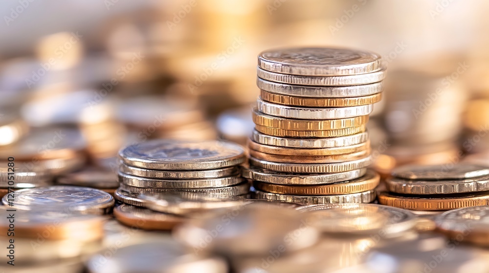 Leinwandbilder closeup view of stacks of coins in varying sizes and colors forming a textured background : generati
