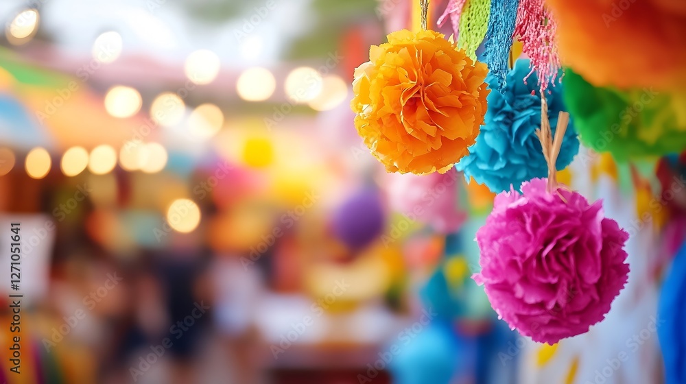 Poster vibrant festive decoration featuring colorful pom poms and lights creating a joyful atmosphere : gen
