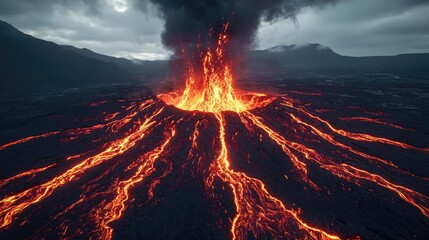 Volcanic landscapes idea. A dramatic volcanic eruption showcasing fiery lava and dark, ominous clouds.