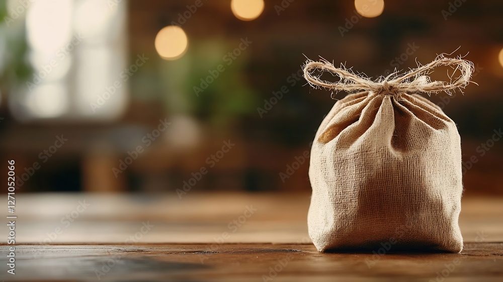 Poster small burlap sack tied with twine on rustic wooden table setting showcasing natural packaging : gene