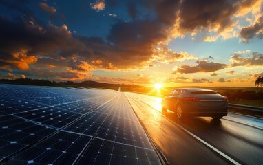 Obraz premium A solar-powered car driving on a highway towards the horizon