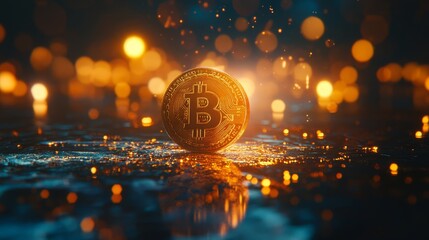 Bitcoin golden coin with glowing lights, cryptocurrency concept, mesmerizing blockchain image, digital finance theme, crypto art