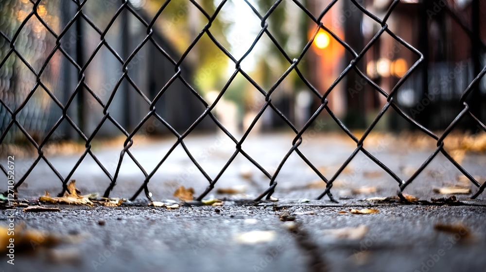 Poster A closeup view of a rusty chain link fence lined with fallen leaves in a tranquil urban setting : Generative AI