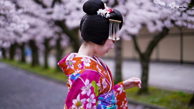 A Maiko is walking along a row of cherry blossom trees.