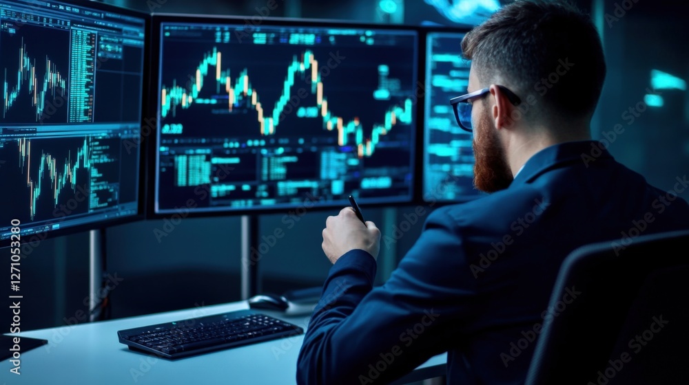 Poster analyzing stock market trends using advanced software in a modern office environment with a professi