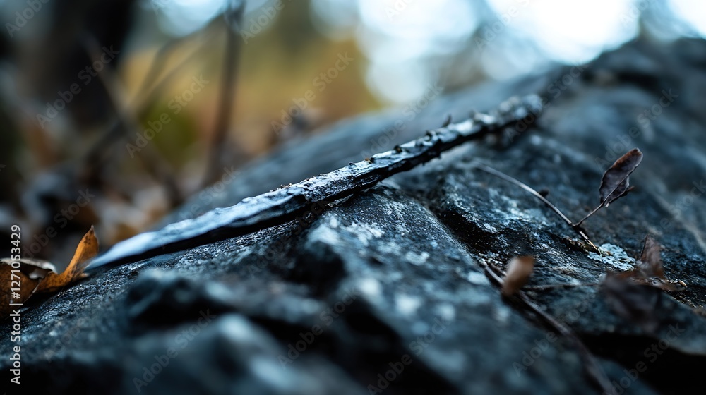 Aufkleber CloseUp View of a Textured Rock Surface with Moss and Lichen in an Autumn Forest : Generative AI