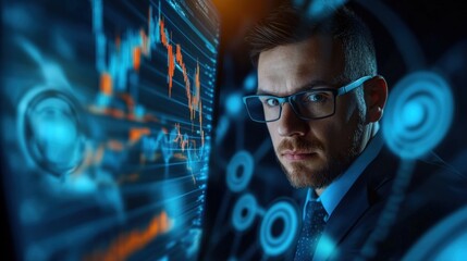 Data analysis professional examines financial trends office setting portrait digital environment close-up innovation