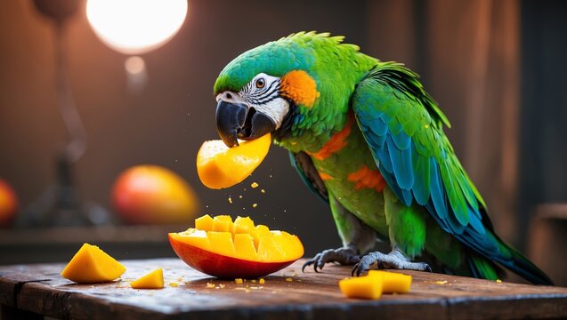 Colorful parrot enjoying fresh mango pieces in a cozy indoor setting
